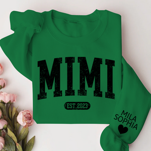 Mimi Est with Granddaughter and Grandson Names - Personalized Sweatshirt With Design On Sleeve - Gift For Grandma, Mom, Wife - NH96