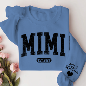 Mimi Est with Granddaughter and Grandson Names - Personalized Sweatshirt With Design On Sleeve - Gift For Grandma, Mom, Wife - NH96