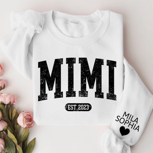 Mimi Est with Granddaughter and Grandson Names - Personalized Sweatshirt With Design On Sleeve - Gift For Grandma, Mom, Wife - NH96