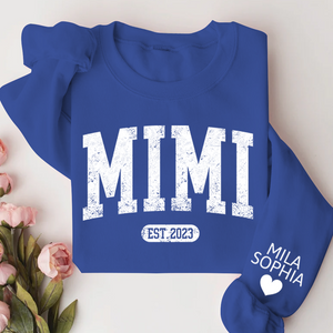 Mimi Est with Granddaughter and Grandson Names - Personalized Sweatshirt With Design On Sleeve - Gift For Grandma, Mom, Wife - NH96