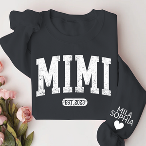 Mimi Est with Granddaughter and Grandson Names - Personalized Sweatshirt With Design On Sleeve - Gift For Grandma, Mom, Wife - NH96