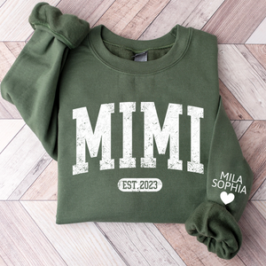 Mimi Est with Granddaughter and Grandson Names - Personalized Sweatshirt With Design On Sleeve - Gift For Grandma, Mom, Wife - NH96