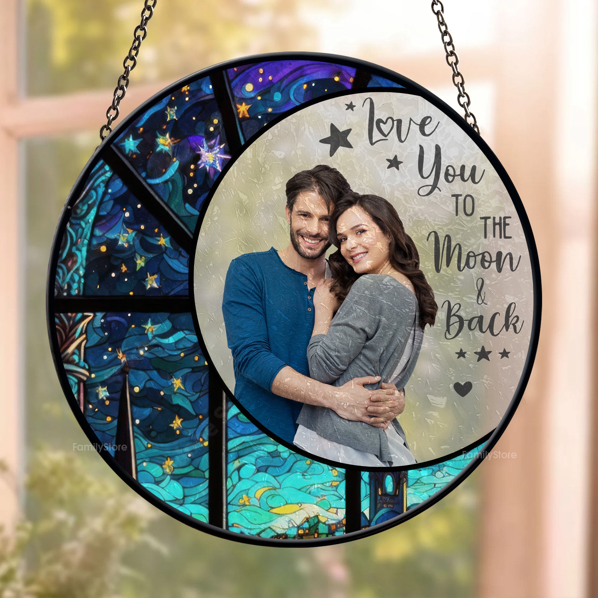 Love You To The Moon And Back - Gift For Couple - Personalized Stained Glass Window Hanging Suncatcher NA94