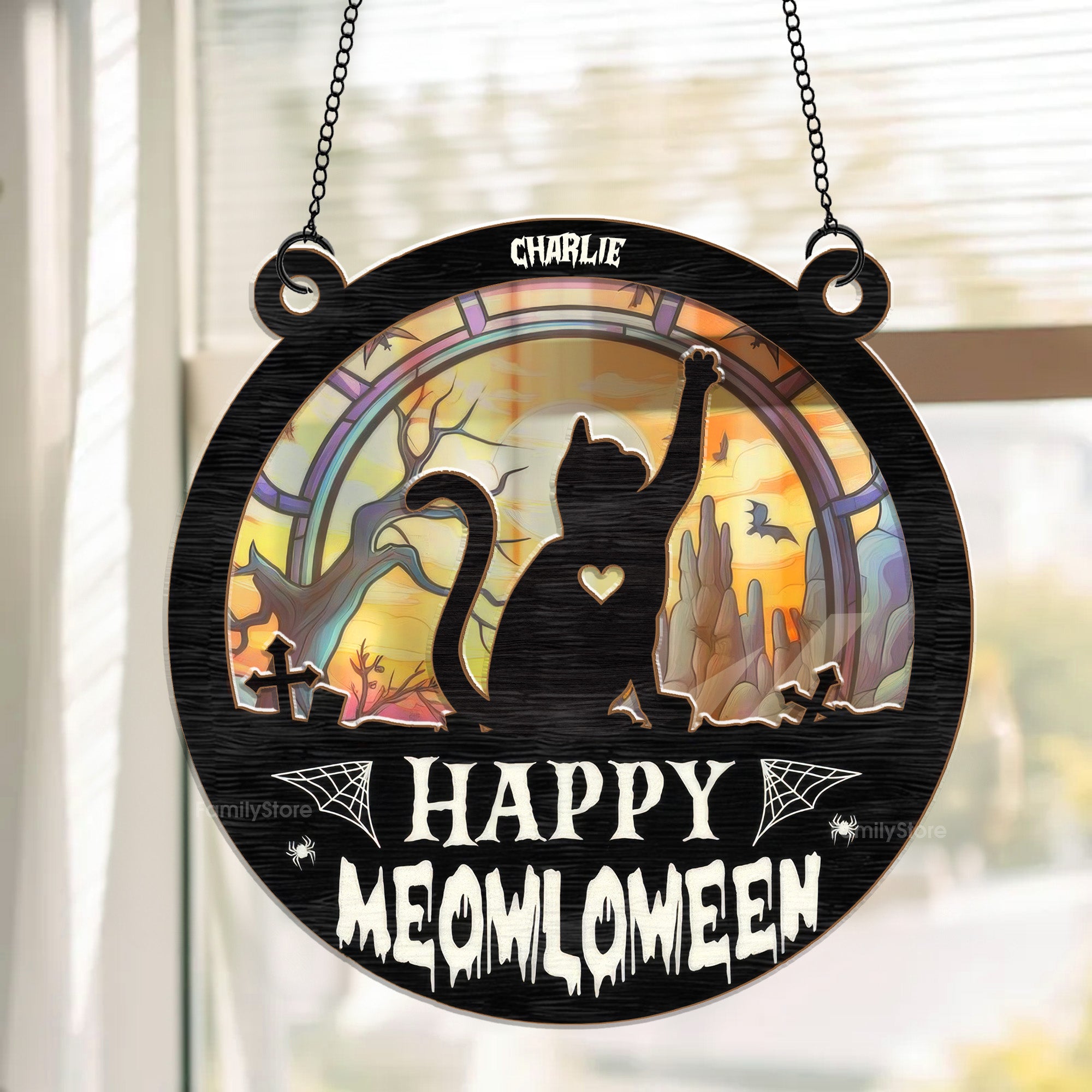 Meowloween Cat Happy Halloween - Gift For Cat Lovers - Personalized Window Hanging Suncatcher Ornament - CLP05 NA94