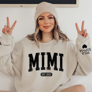 Mimi Est with Granddaughter and Grandson Names - Personalized Sweatshirt With Design On Sleeve - Gift For Grandma, Mom, Wife - NH96