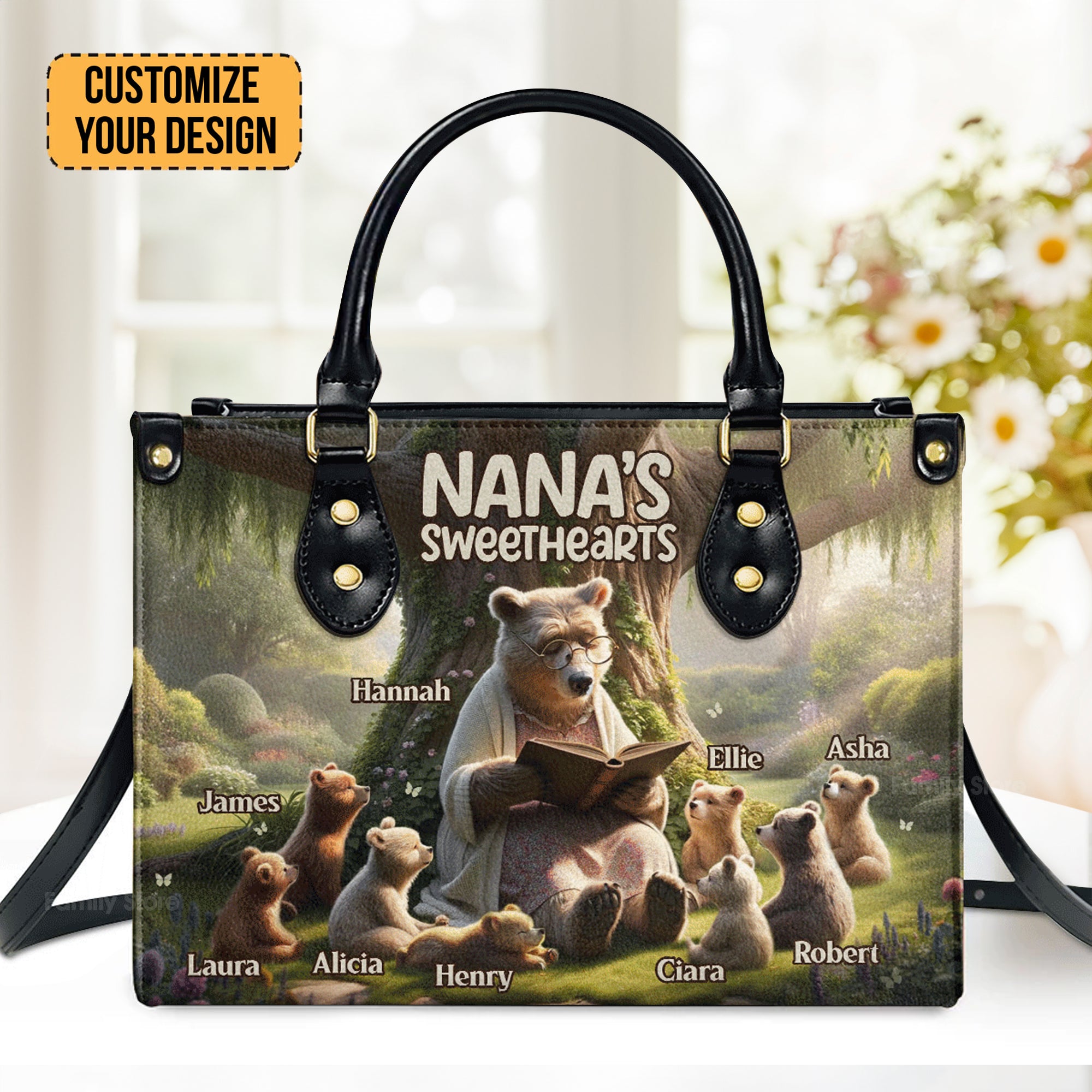 Nana's Sweethearts Bears - Thoughtful Gift For Grandma- Personalized Leather Handbag With Handle - AT4081347