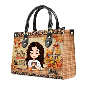 Fall For Jesus He Never Leaves - Thoughtful Gift For Christians - Personalized Leather Handbag With Handle - AT4080742