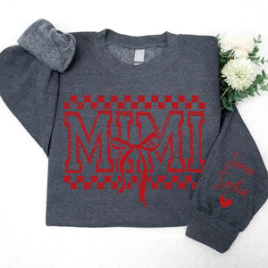 Mimi Red Bow And Kids - Personalized Sweatshirt With Design On Sleeve -  Meaningful Gifts For Grandma, Mom, Wife | Custom Sleeve NH96