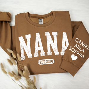 Mimi Est with Granddaughter and Grandson Names - Personalized Sweatshirt With Design On Sleeve - Gift For Grandma, Mom, Wife - NH96