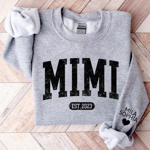 Mimi Est with Granddaughter and Grandson Names - Personalized Sweatshirt With Design On Sleeve - Gift For Grandma, Mom, Wife - NH96