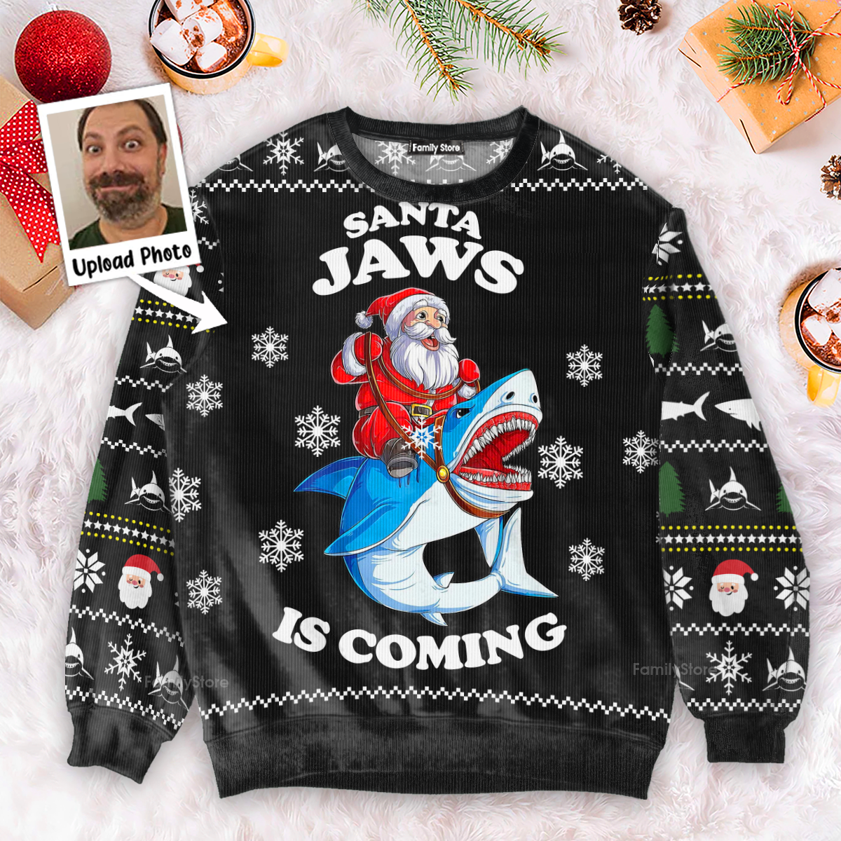 Custom Photo Santa Jaws Ugly Christmas Sweater - Gift for Dad, Grandpa, Husband