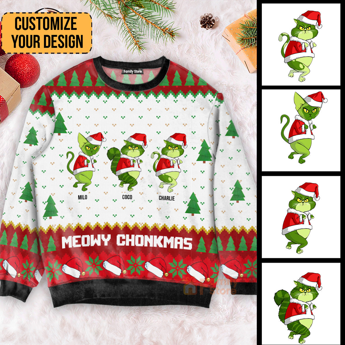 Meowy Christmas Grinchy Cat - Personalized Ugly Sweatshirt - Gift For Cat Lover, Cat Mom, Cat Dad CL16 NH96