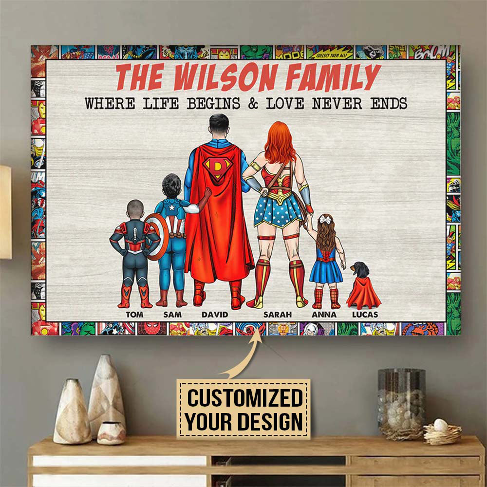 Super Family Where Life Begins - Gift For Dad, Father's Day - Personalized Canvas Poster