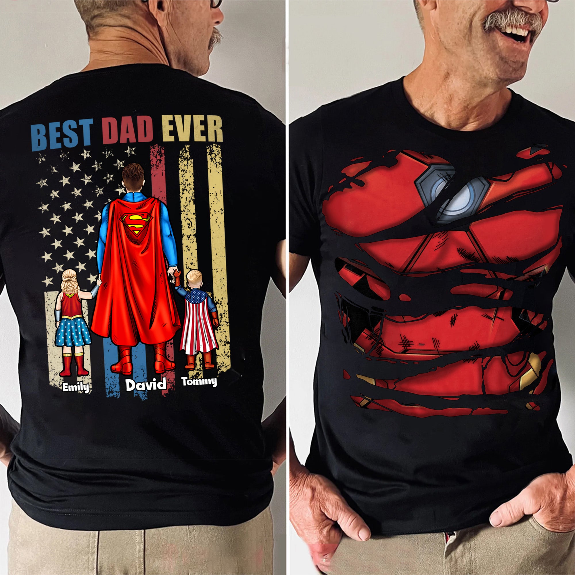 Best Dad Ever Super Hero In Our Family - Gift For Father's Day - Personalized Shirt 2 Side