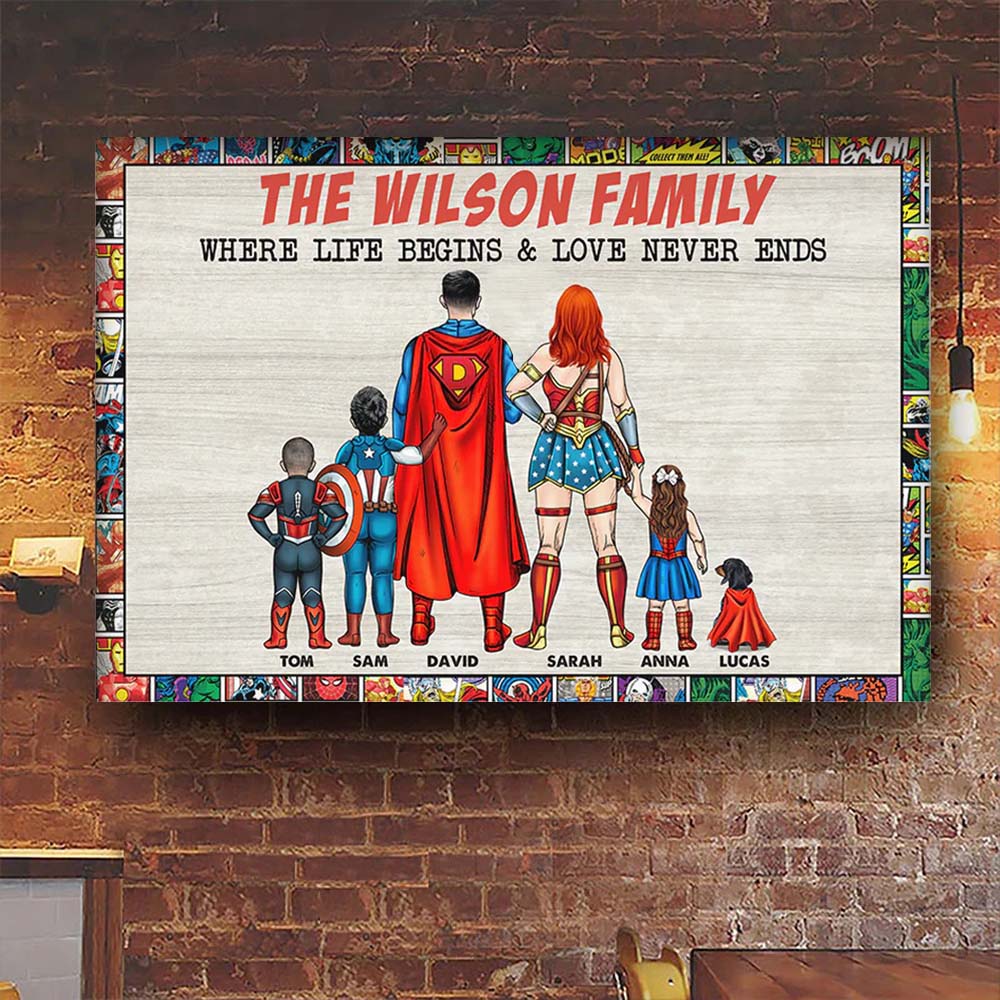 Super Family Where Life Begins - Gift For Dad, Father's Day - Personalized Canvas