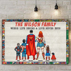 Super Family Where Life Begins - Gift For Dad, Father's Day - Personalized Canvas