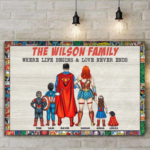 Super Family Where Life Begins - Gift For Dad, Father's Day - Personalized Canvas Poster