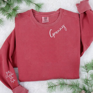 Custom Gigi With Kid Flower Icon On Neckline And Sleeve - Gift For Mom, Grandmother - Embroidered Sweatshirt