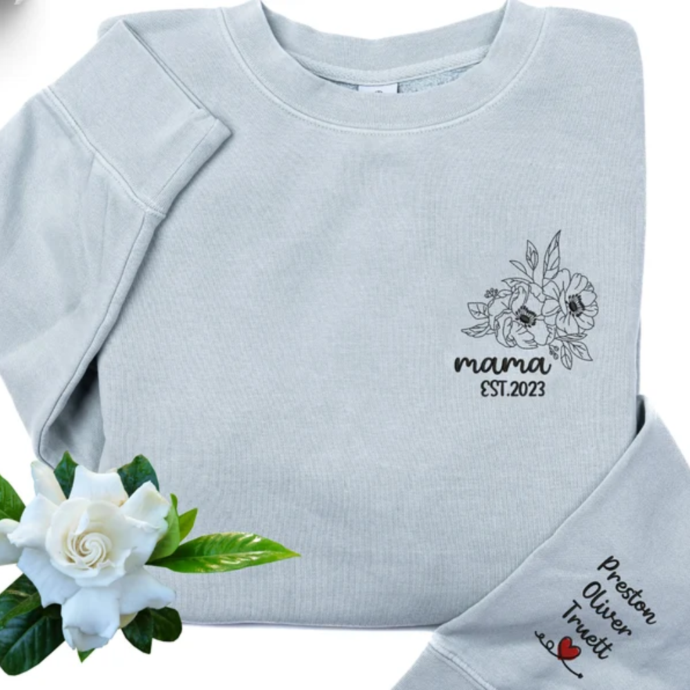 Custom Mama Floral Flower On Chest And Sleeve - Gift For Mom - Embroidered Sweatshirt