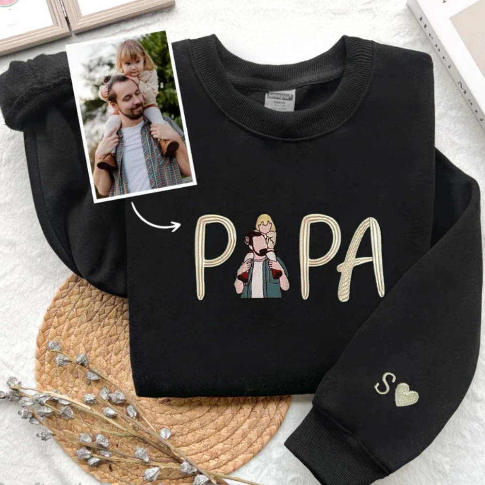 Custom Papa Love Kids Image On Chest And Sleeve - Gift For Dad, Grandfather - Embroidered Sweatshirt