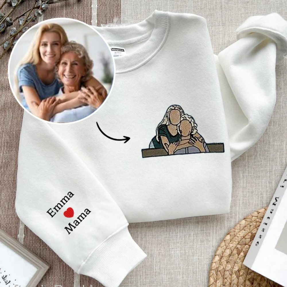 Custom Mama And Daughter Image Portrait On Chest - Gift For Mom - Embroidered Sweatshirt