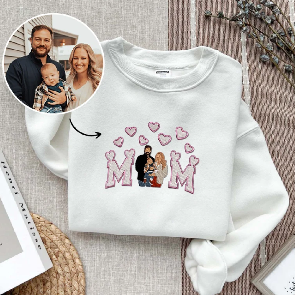 Custom Mom And Family Image Portrait On Chest - Gift For Mom, Family - Embroidered Sweatshirt