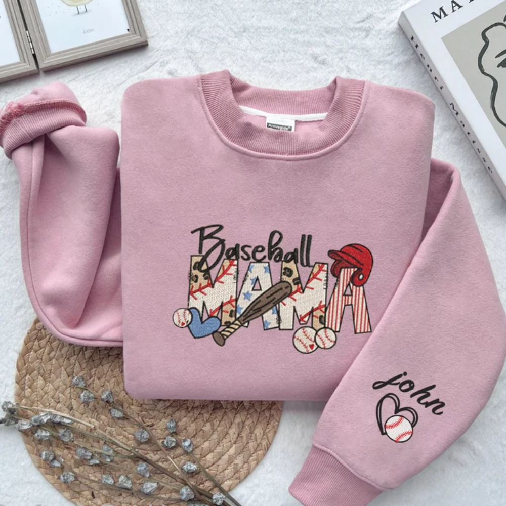 Custom Baseball Mama Crewneck On Chest And Sleeve - Gift For Mom, Grandmother - Embroidered Sweatshirt