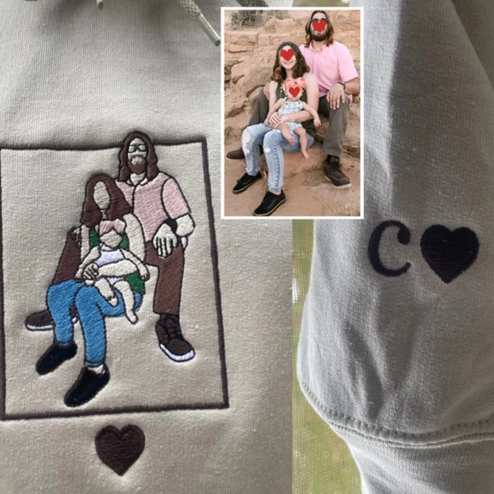 Custom Family Heart Icon Image Portrait On Chest - Gift For Family - Embroidered Sweatshirt