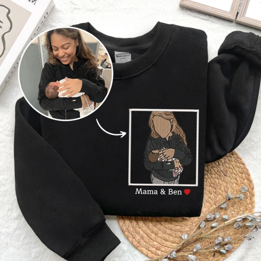 Custom Mama And Baby Image Portrait On Chest - Gift For Mom - Embroidered Sweatshirt