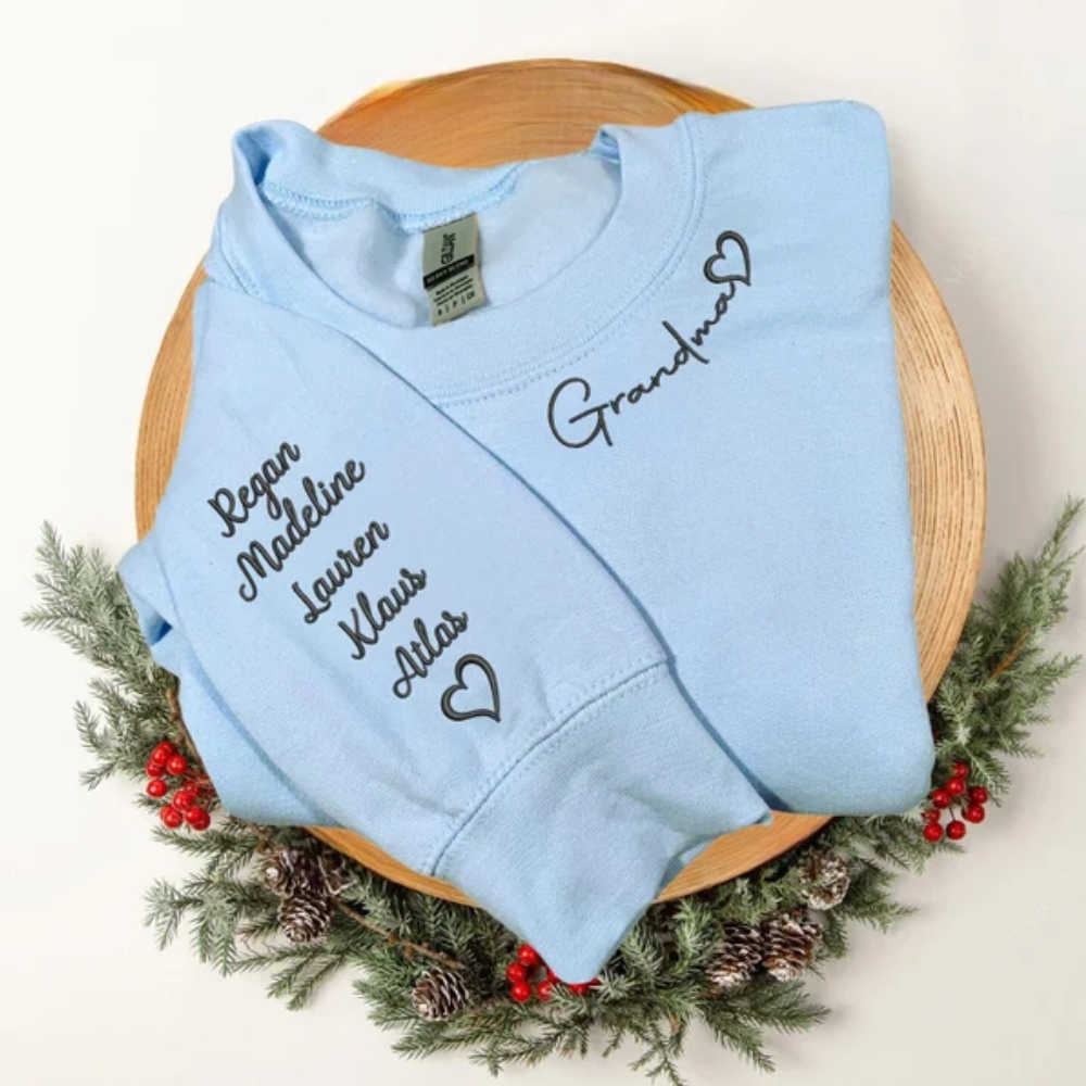 Custom Grandma Heart Icon With Kid On Neckline And Sleeve - Gift For Mom, Grandmother - Embroidered Sweatshirt