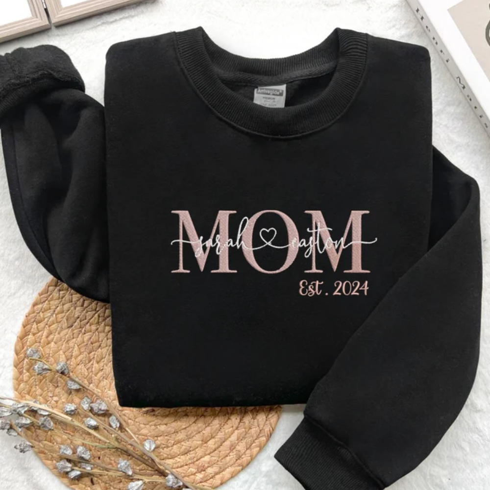 Custom Date Mom With Kid On Chest And Sleeve - Gift For Mother - Embroidered Sweatshirt