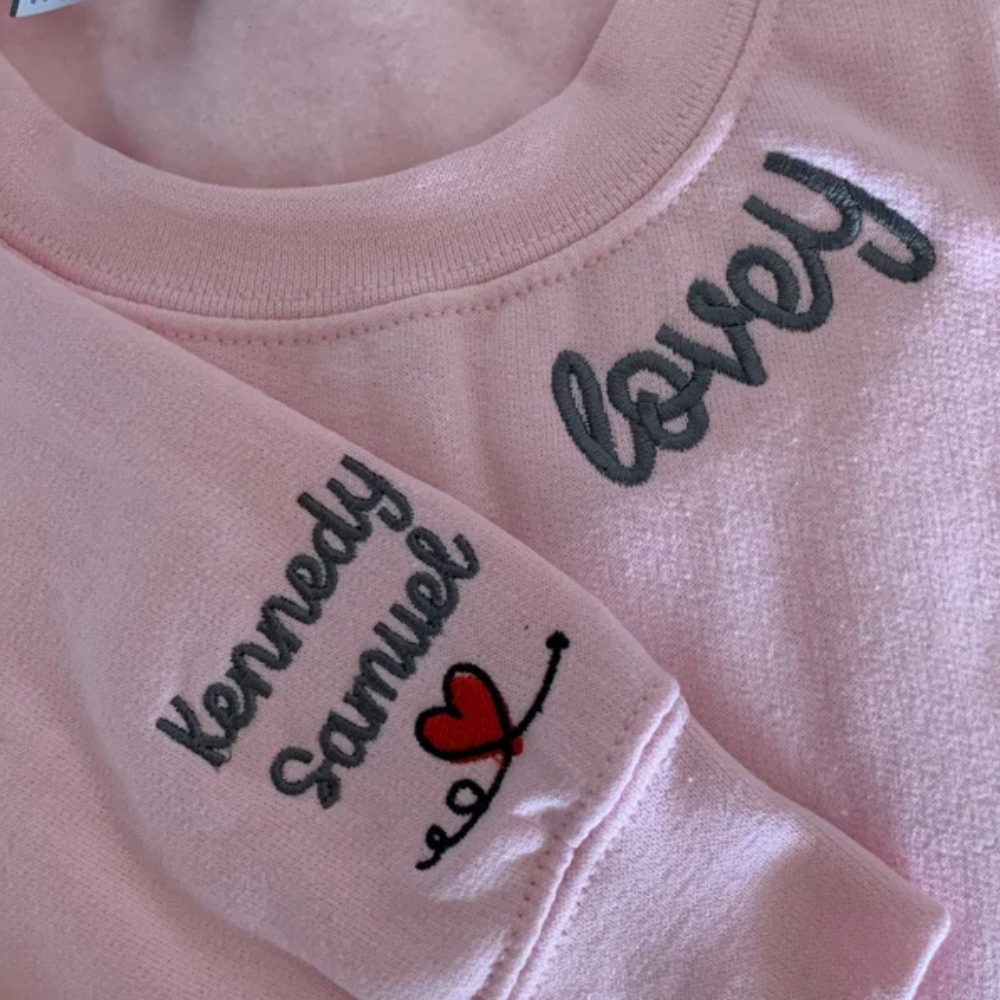 Custom Name Pink Lovely On Neckline And Sleeve - Gift For Couple - Embroidered Sweatshirt
