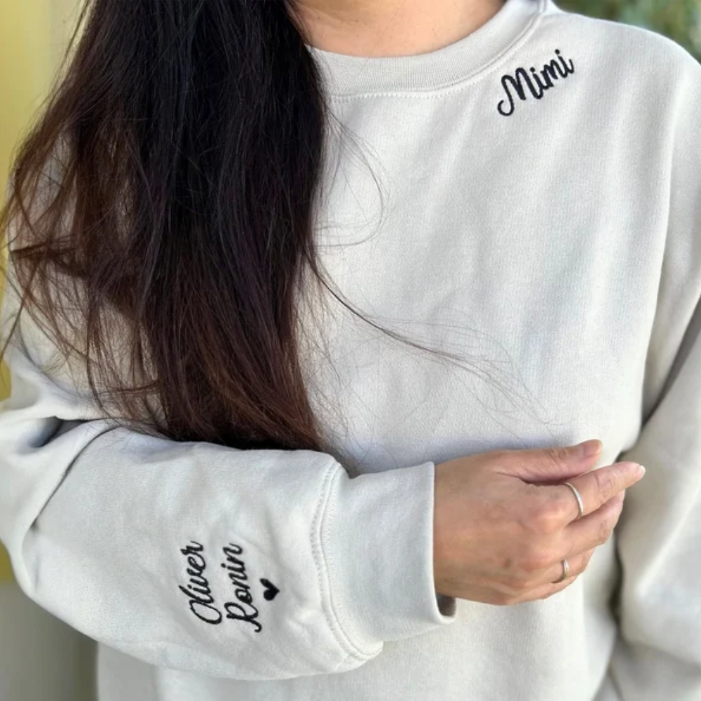 Custom Mimi With Kid Heart Icon On Neckline And Sleeve - Gift For Mom, Grandmother - Embroidered Sweatshirt