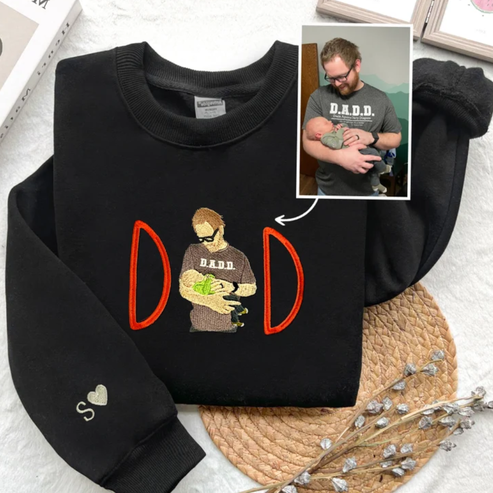Custom Dad Heart Image On Chest And Sleeve - Gift For Father - Embroidered Sweatshirt