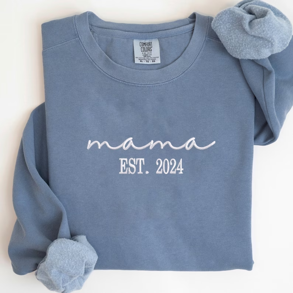 Custom Mama Est 2024 On Chest And Sleeve - Gift For Mom, Grandma - Embroidered Sweatshirt