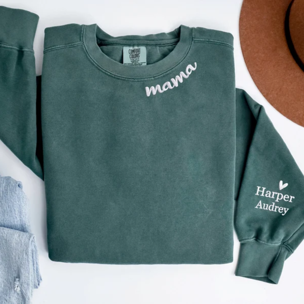 Custom Mama Comfort On Neckline And Sleeve - Gift For Mom, Grandmother - Embroidered Sweatshirt