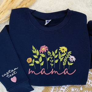 Custom Mama With Kid Colorful Flower On Chest And Sleeve - Gift For Mom, Grandmother - Embroidered Sweatshirt
