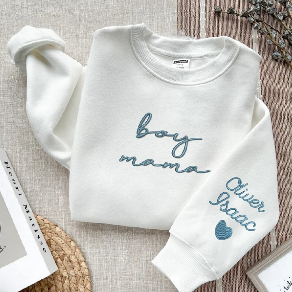 Custom Boy Mama White On Chest And Sleeve - Gift For Mom - Embroidered Sweatshirt
