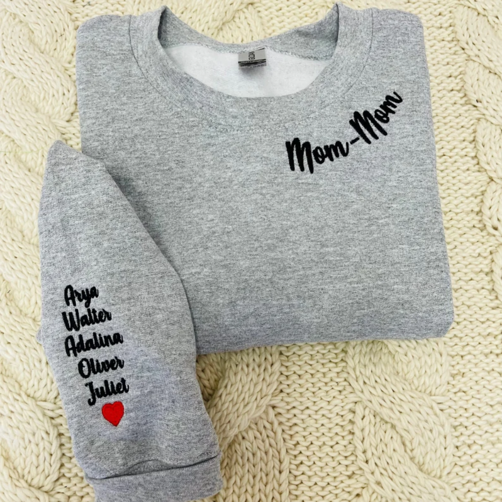 Custom Mom With Kid On Neckline And Sleeve - Gift For Mom, Grandmother - Embroidered Sweatshirt