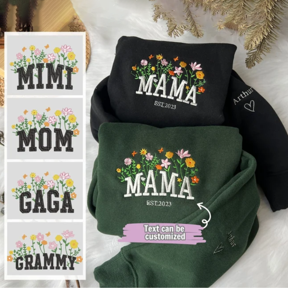 Custom Mama Grammy Floral On Chest And Sleeve - Gift For Mom, Grandmother - Embroidered Sweatshirt