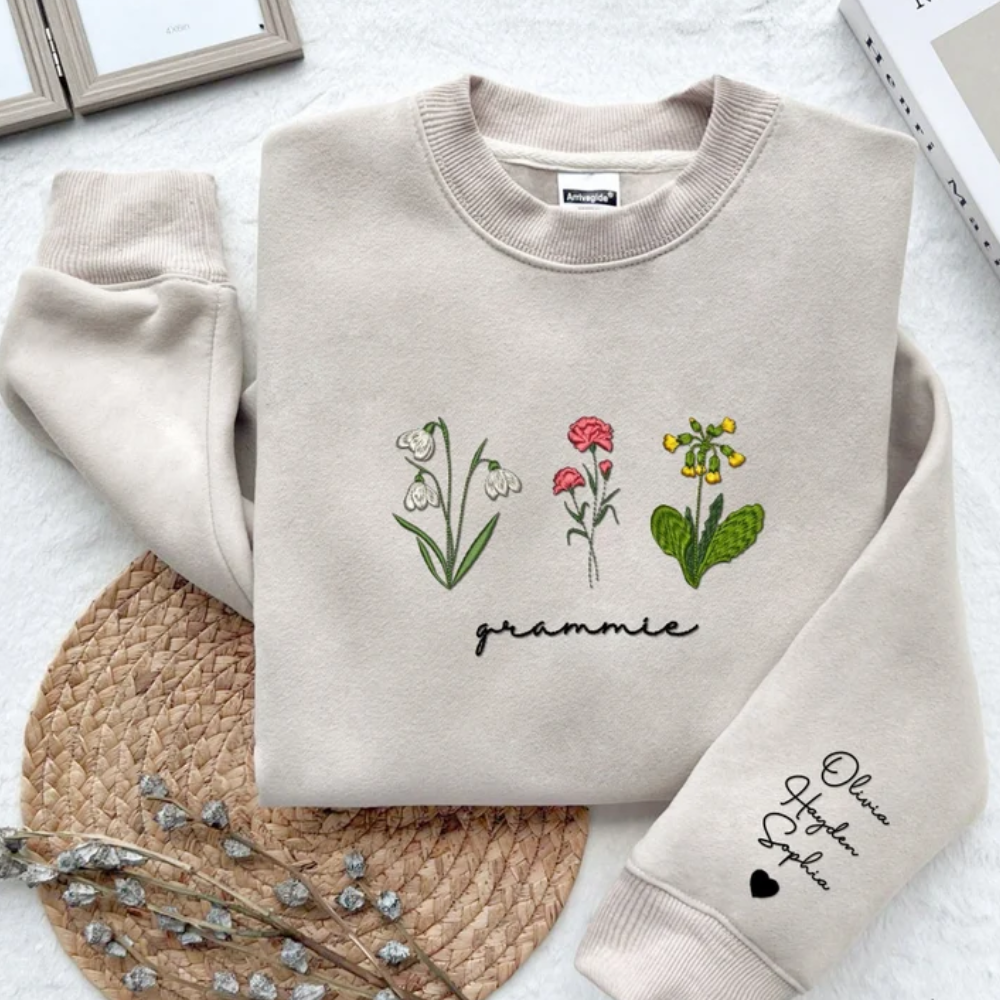 Custom Wildflower On Chest And Sleeve - Gift For Mother, Grandmother - Embroidered Sweatshirt
