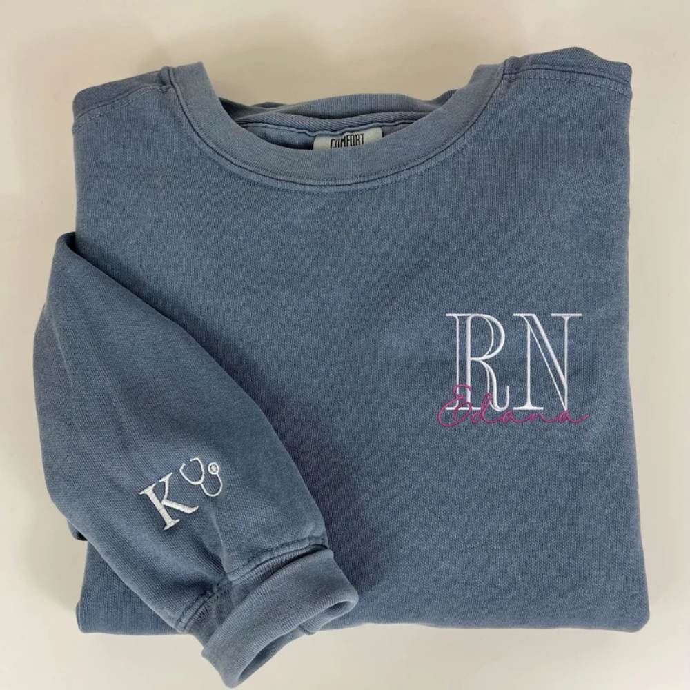 Custom Name RN Nurse On Chest And Sleeve - Gift For Nurse - Embroidered Sweatshirt