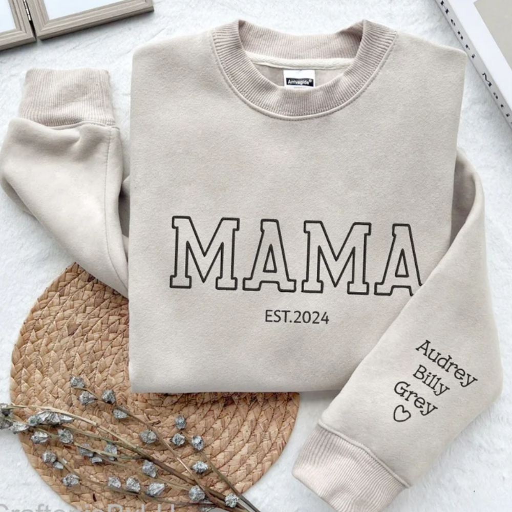 Custom Mama Basic With Kid On Chest And Sleeve - Gift For Mom - Embroidered Sweatshirt