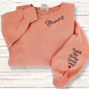 Custom Grammy With Kid On Neckline And Sleeve - Gift For Mom, Grandmother - Embroidered Sweatshirt