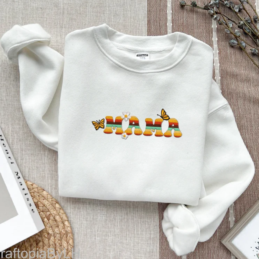 Custom Mama Colorful Butterfly On Chest And Sleeve - Gift For Mom - Embroidered Sweatshirt