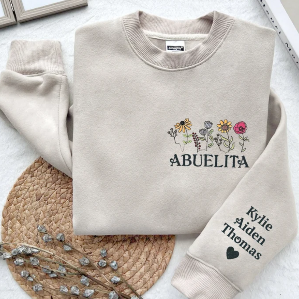 Custom Wildflower Icon On Chest And Sleeve - Gift For Mother, Grandmother - Embroidered Sweatshirt