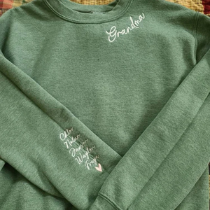 Custom Grandmother With Kid Heart Icon On Neckline And Sleeve - Gift For Mom, Grandma - Embroidered Sweatshirt