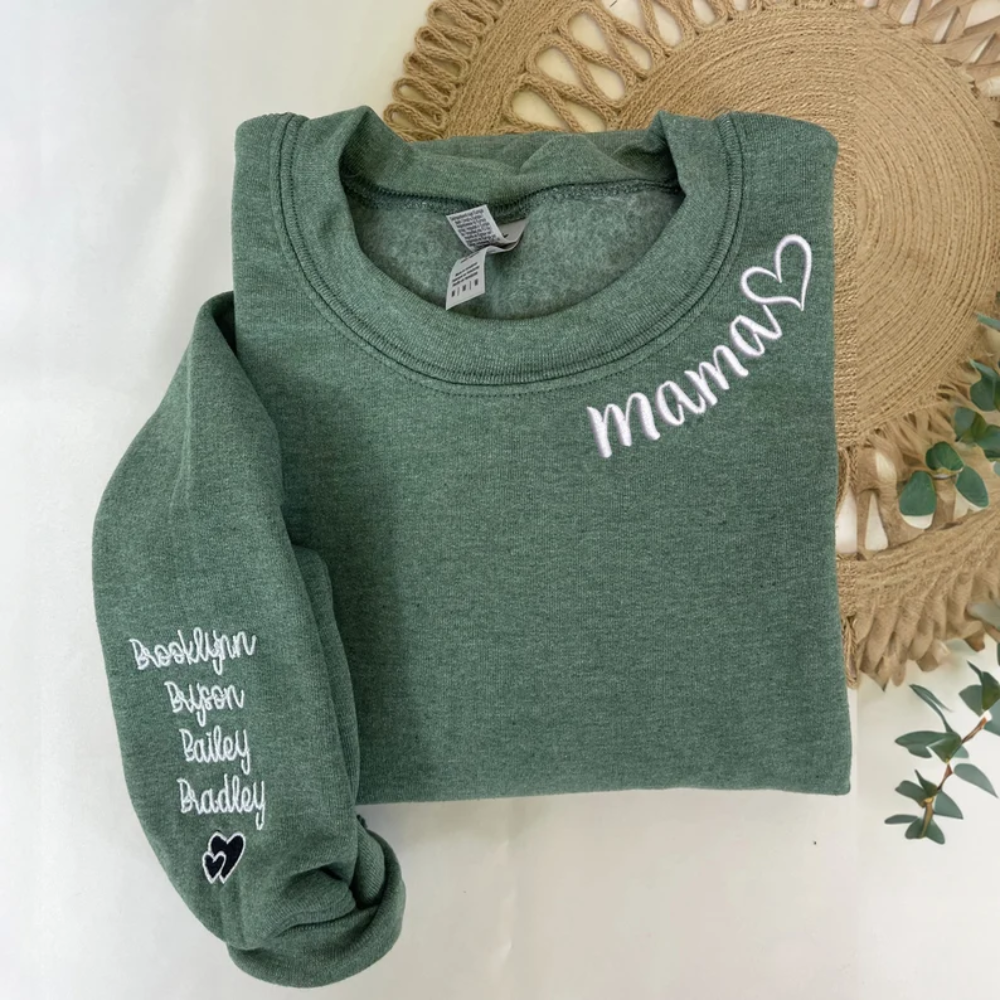 Custom Mama With Heart And Kid On Neckline And Sleeve - Gift For Mom, Grandmother - Embroidered Sweatshirt