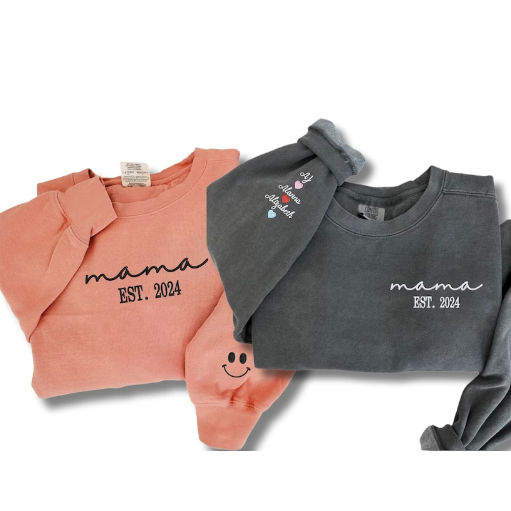 Custom Date Mama With Kids On Chest And Sleeve - Gift For Mom, Grandmother - Embroidered Sweatshirt