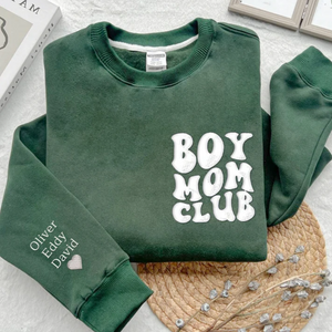 Custom Boy Mom Club Green On Chest And Sleeve - Gift For Mother - Embroidered Sweatshirt